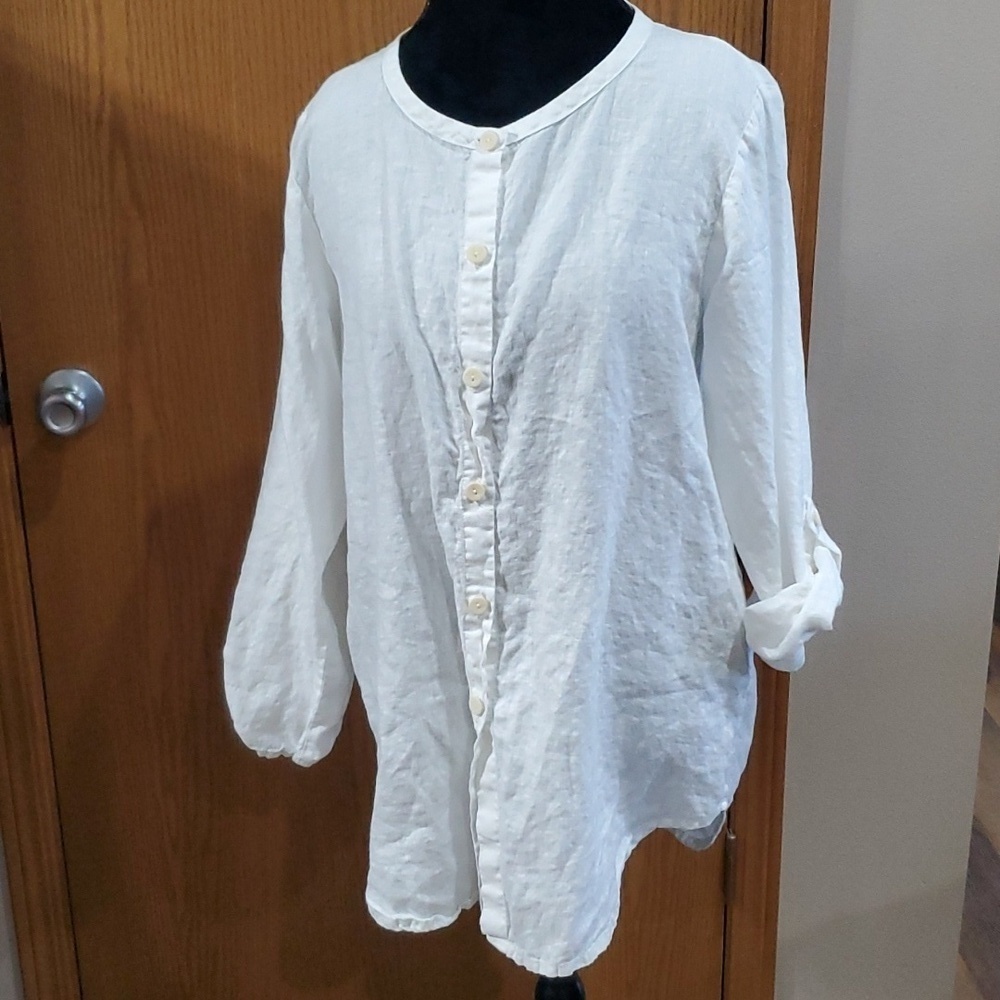 Flax 2 pack of linen tab sleeve tunic button down shirts blue striped/white